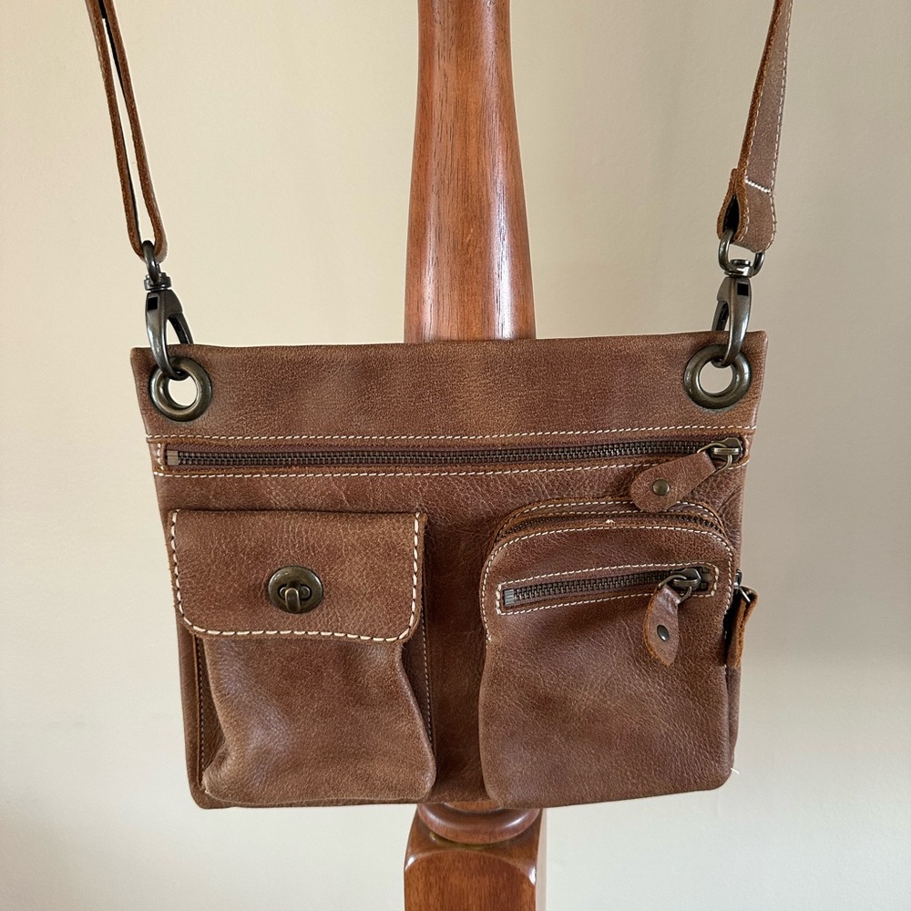 Roots Village Tribe Brown Leather Crossbody Bag